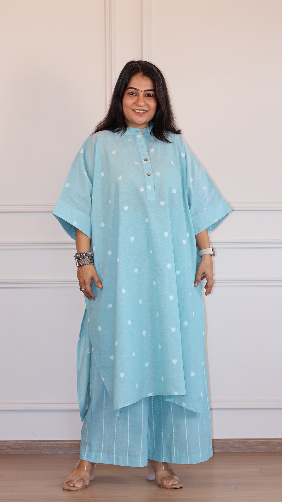 Hearts Handwoven Cotton Kaftan Co-ord - Turquoise