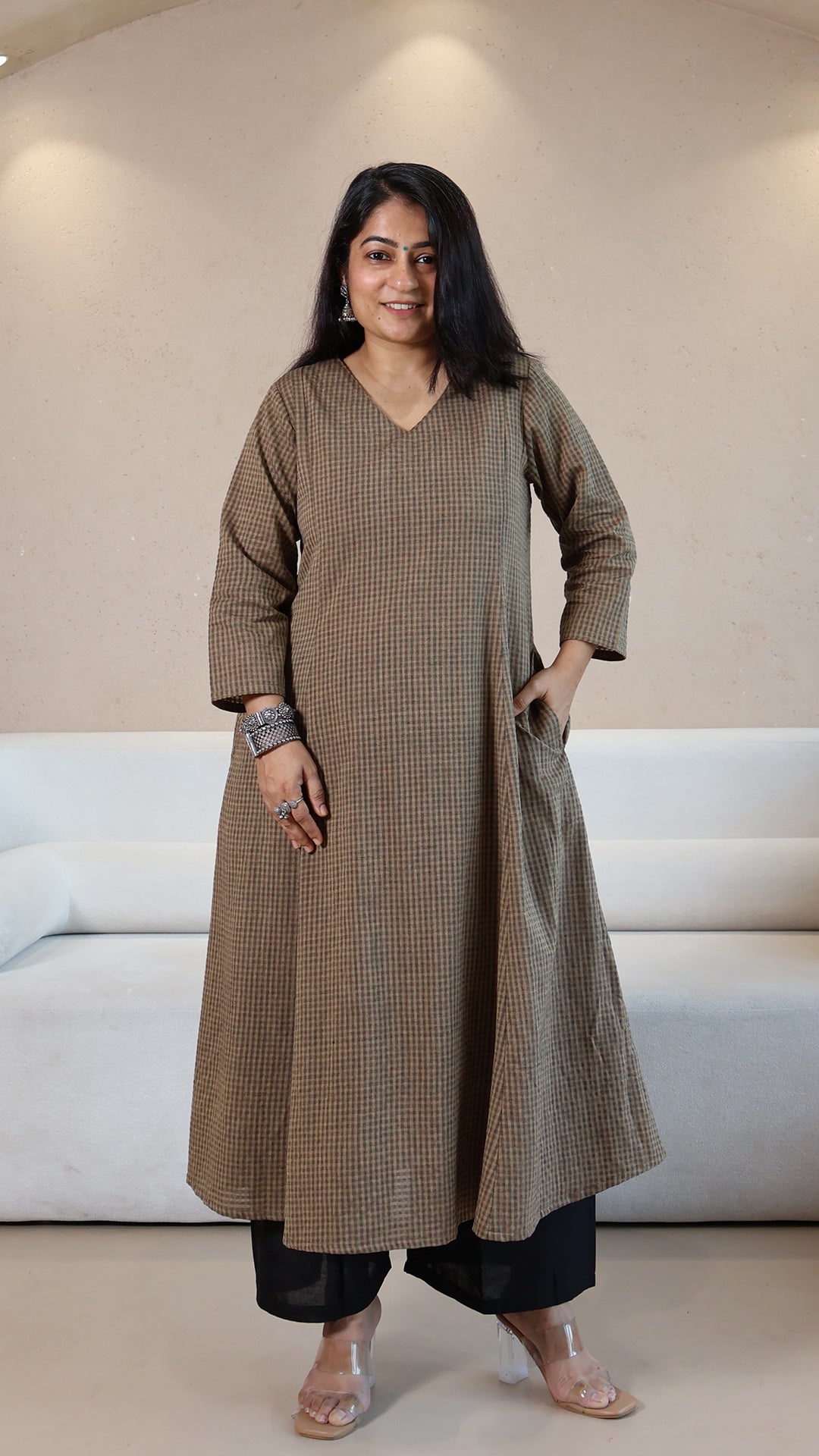 Brown Checkered Handwoven Cotton Kurta