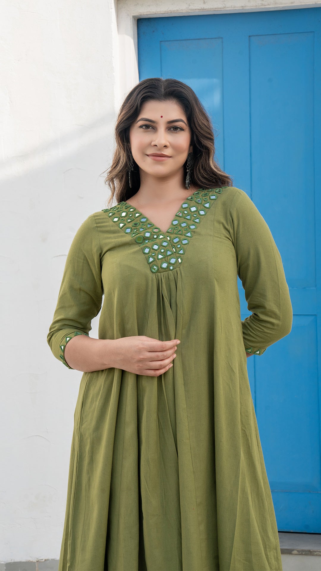 Olive Green Mirror Embroidered Kurta In Cotton