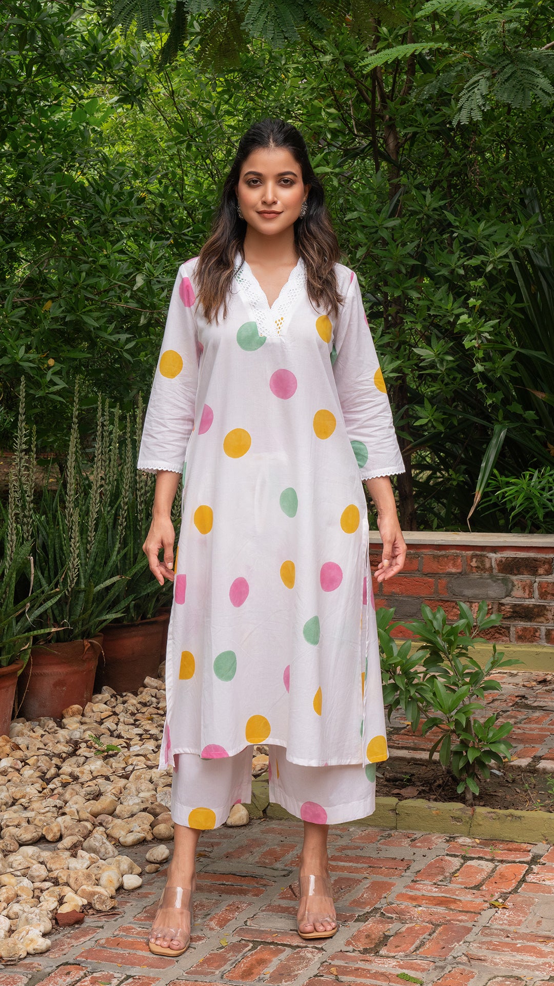 Multi Colour Polka Dots In White Hand Block Cotton Kurta