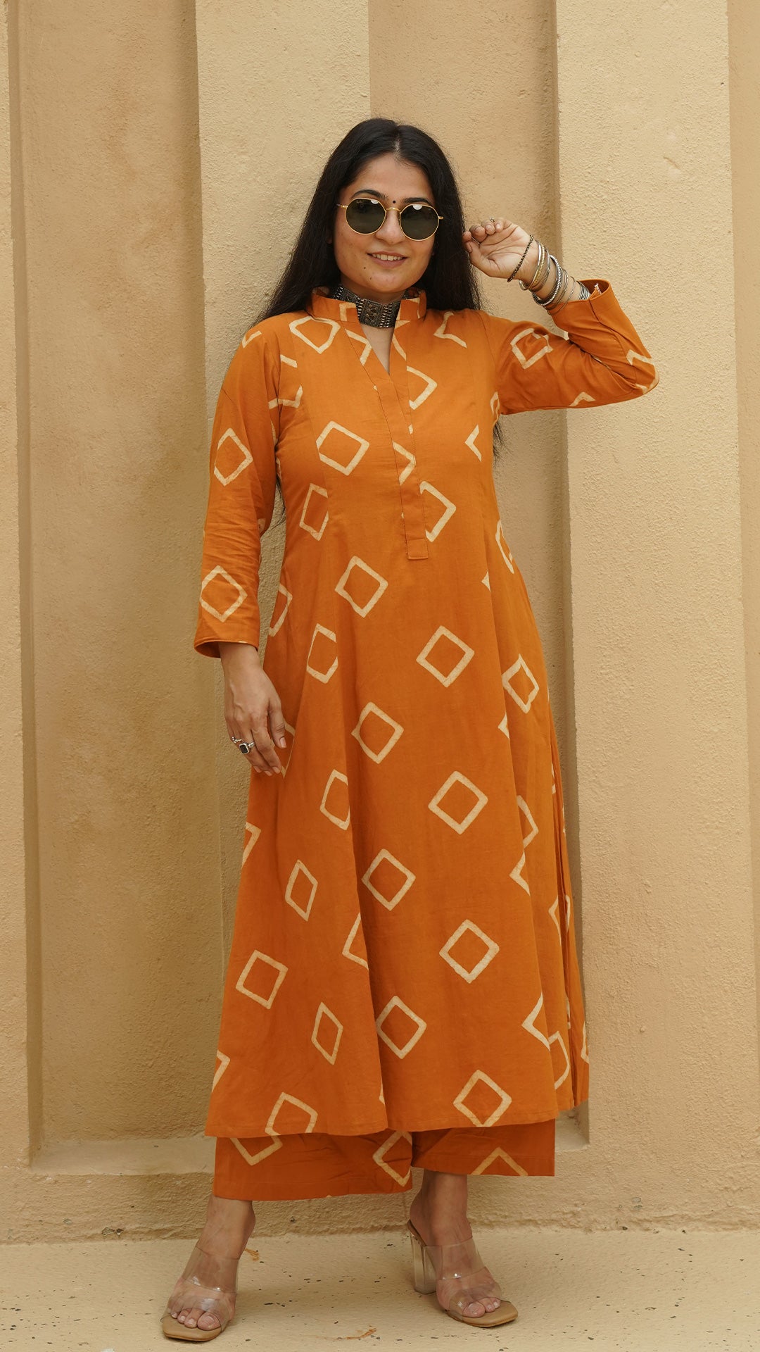 Osha Square Block Print Cotton Kurta - Rust
