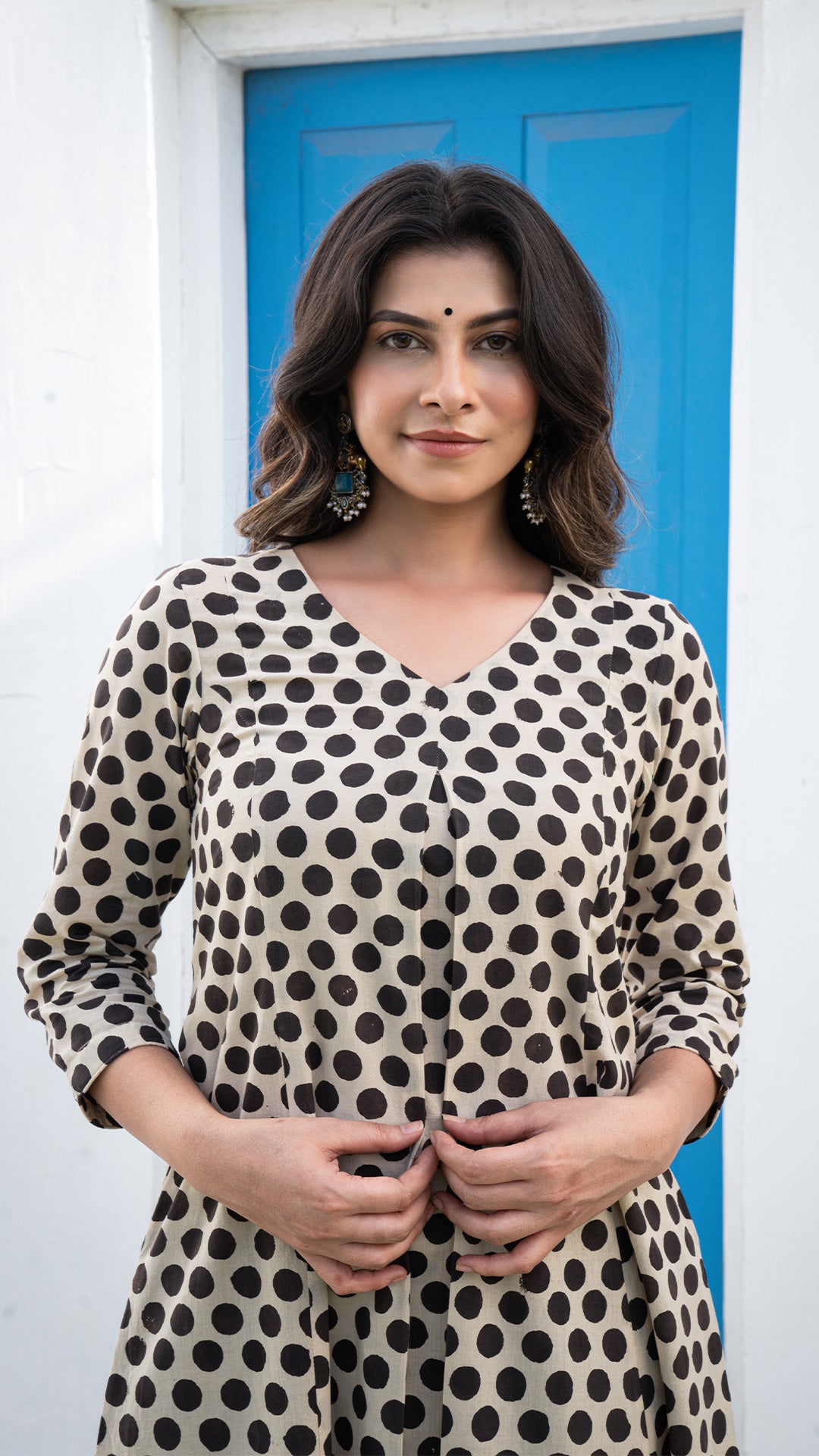 Shreeja Polka Dots Hand Block A Line Cotton Kurta - Black