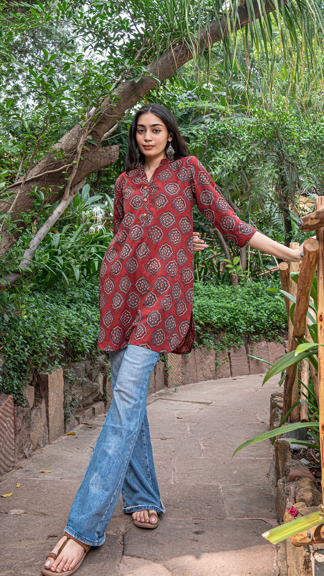 Shaleena Ajrakh Hand Block Print Cotton Short Top - Red