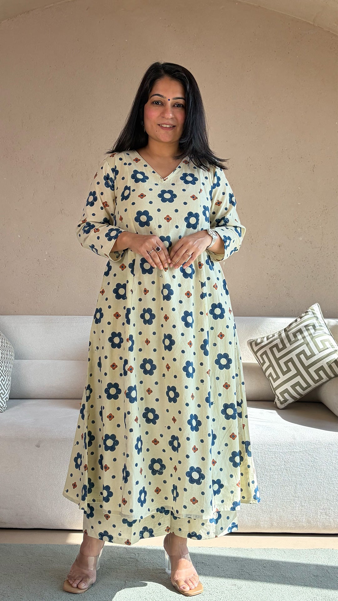 Eka Ajrakh Kali Kurta In Cotton - Ivory Floral