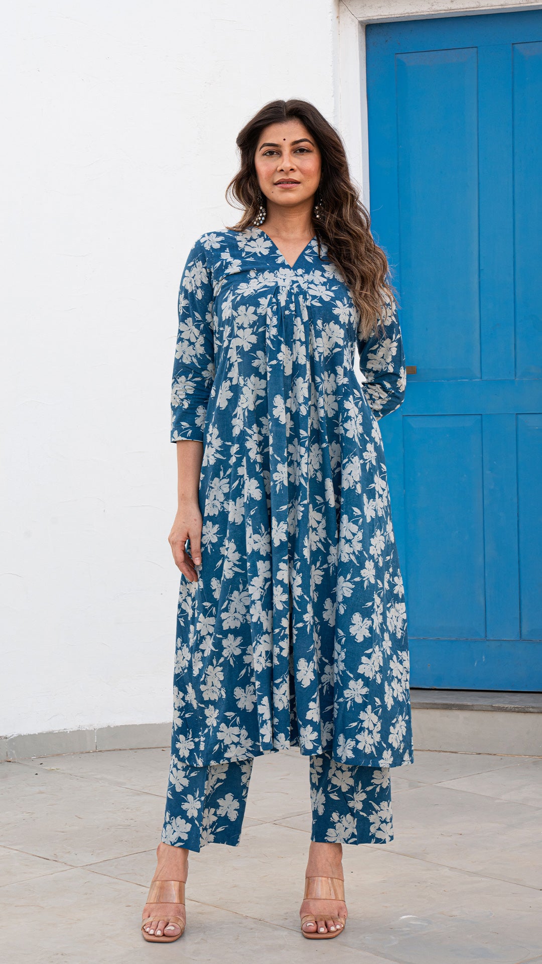 Kshiti Dabu Hand Block Kali Kurta In Blue