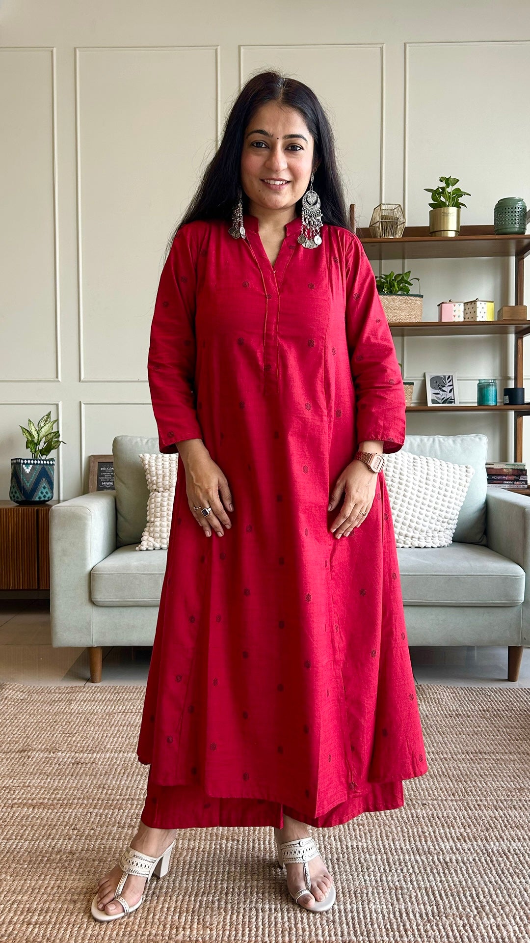 Simran Red Hand Woven Kali Cotton Kurta
