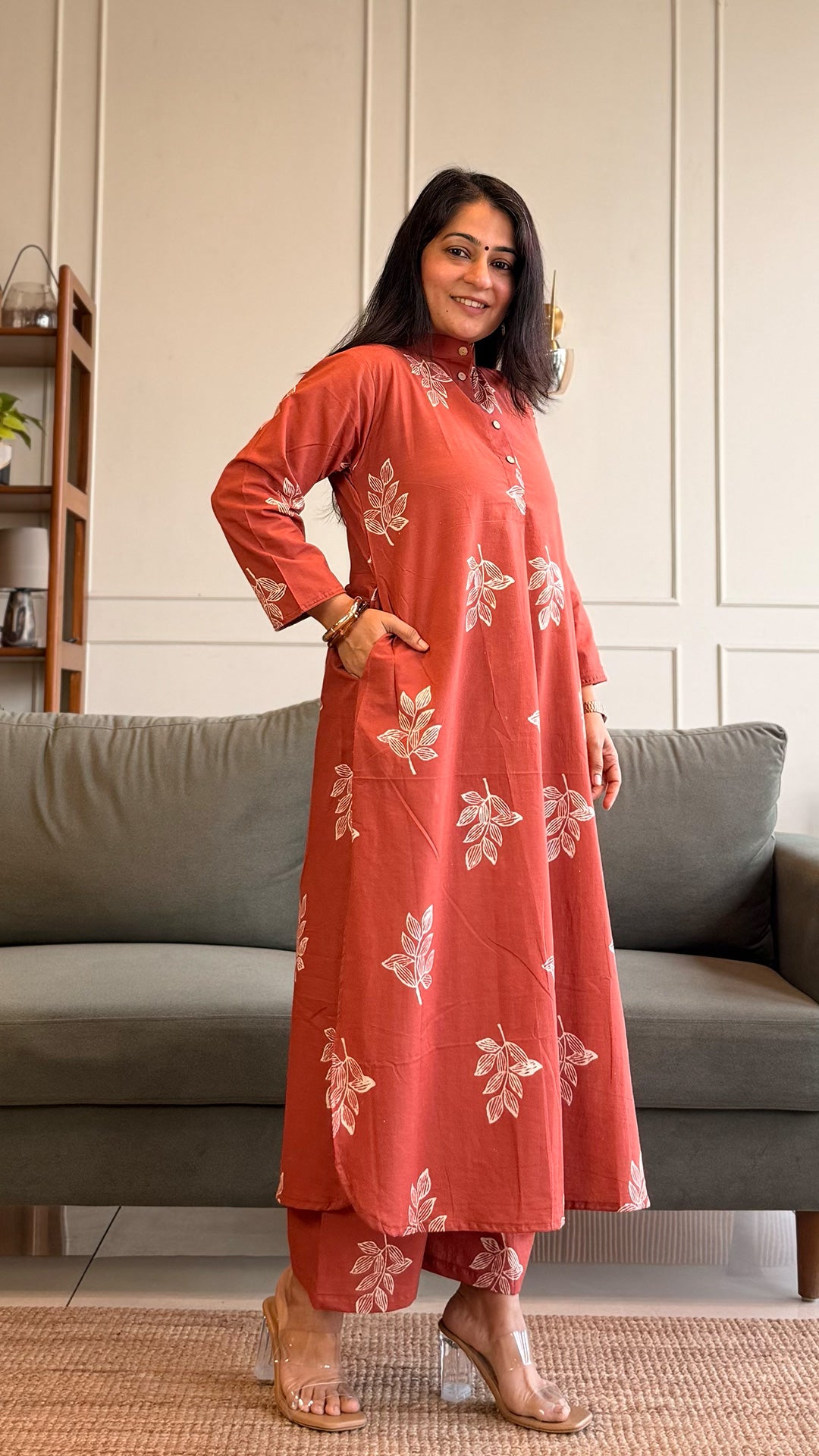 Viha A Line Kurta In Cotton - Rust
