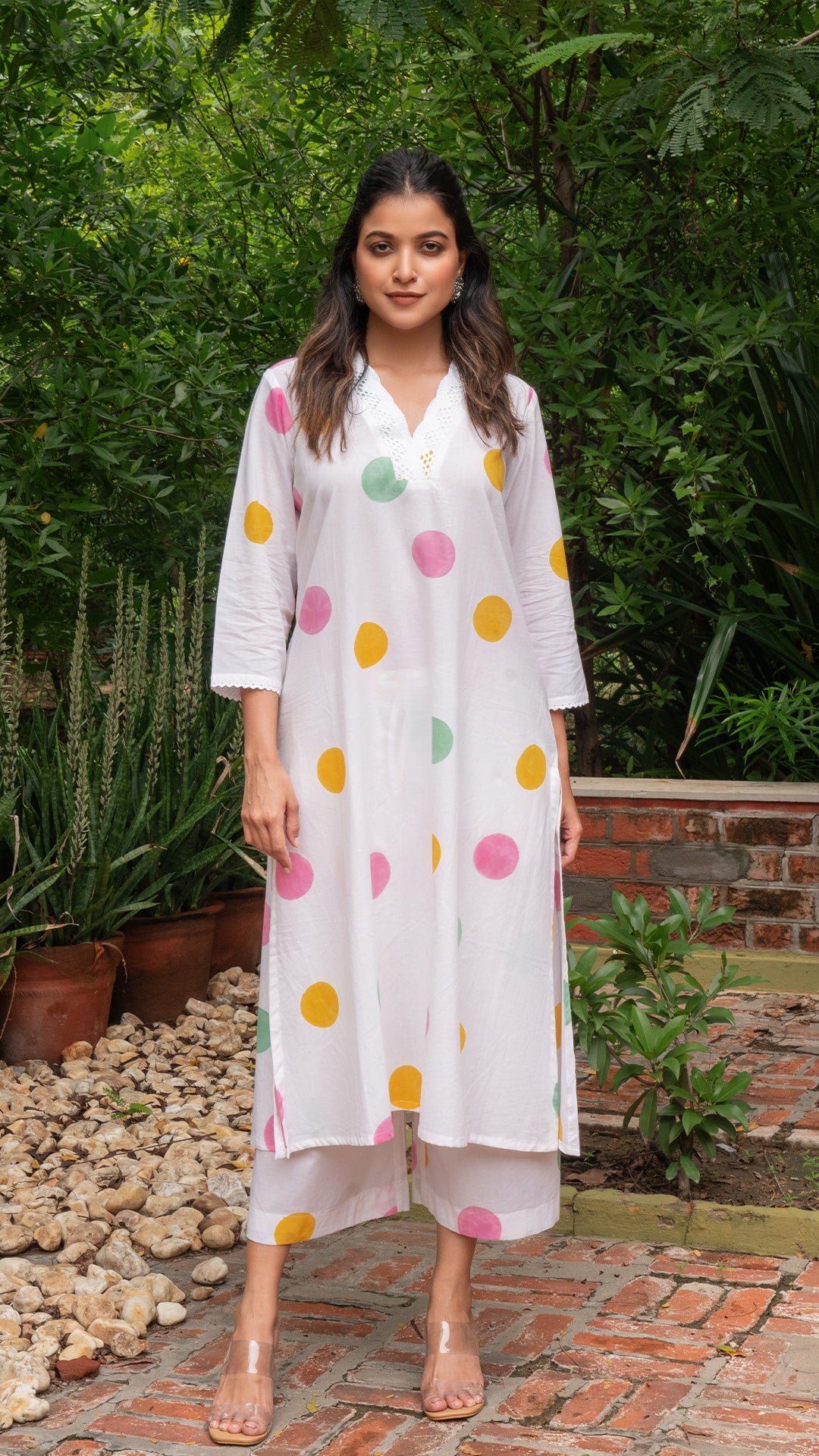 Multi Colour Polka Dots In White Hand Block Cotton Kurta