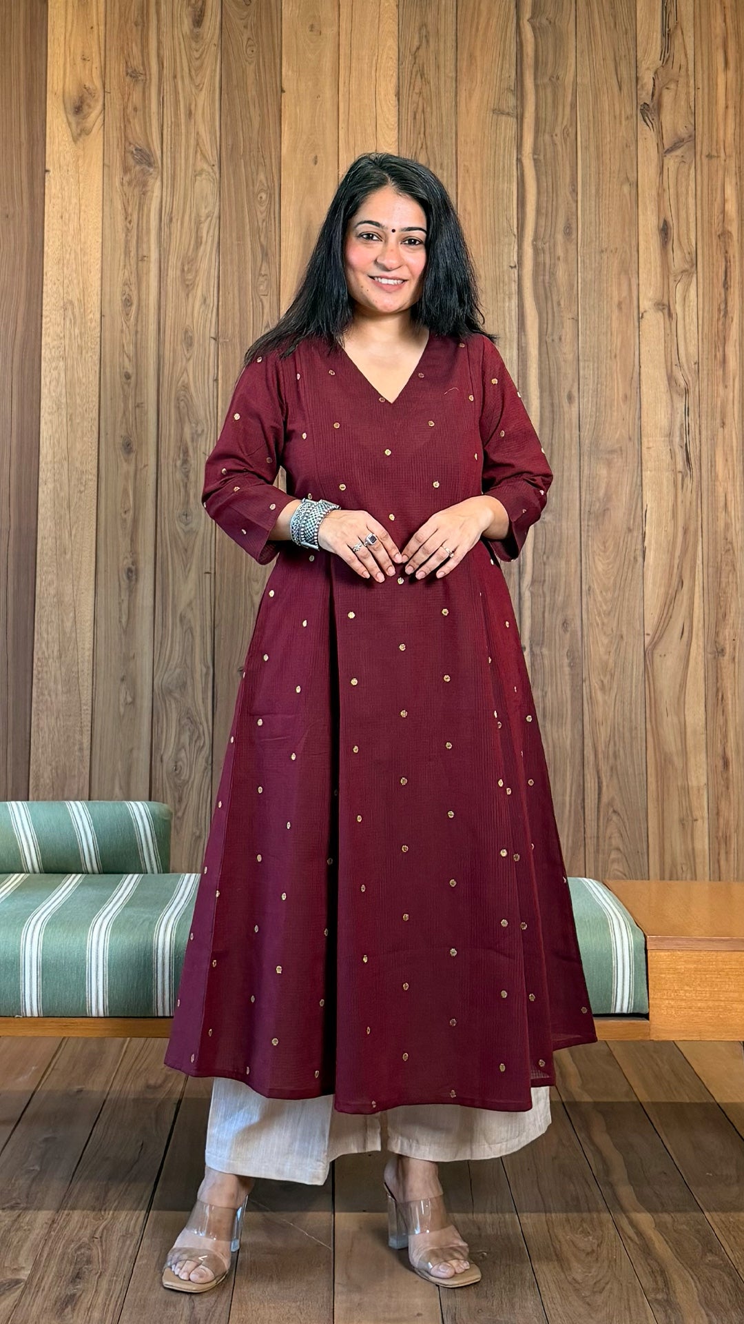 Aasma Handwoven Golden Zari Butti Cotton Kurta - Maroon