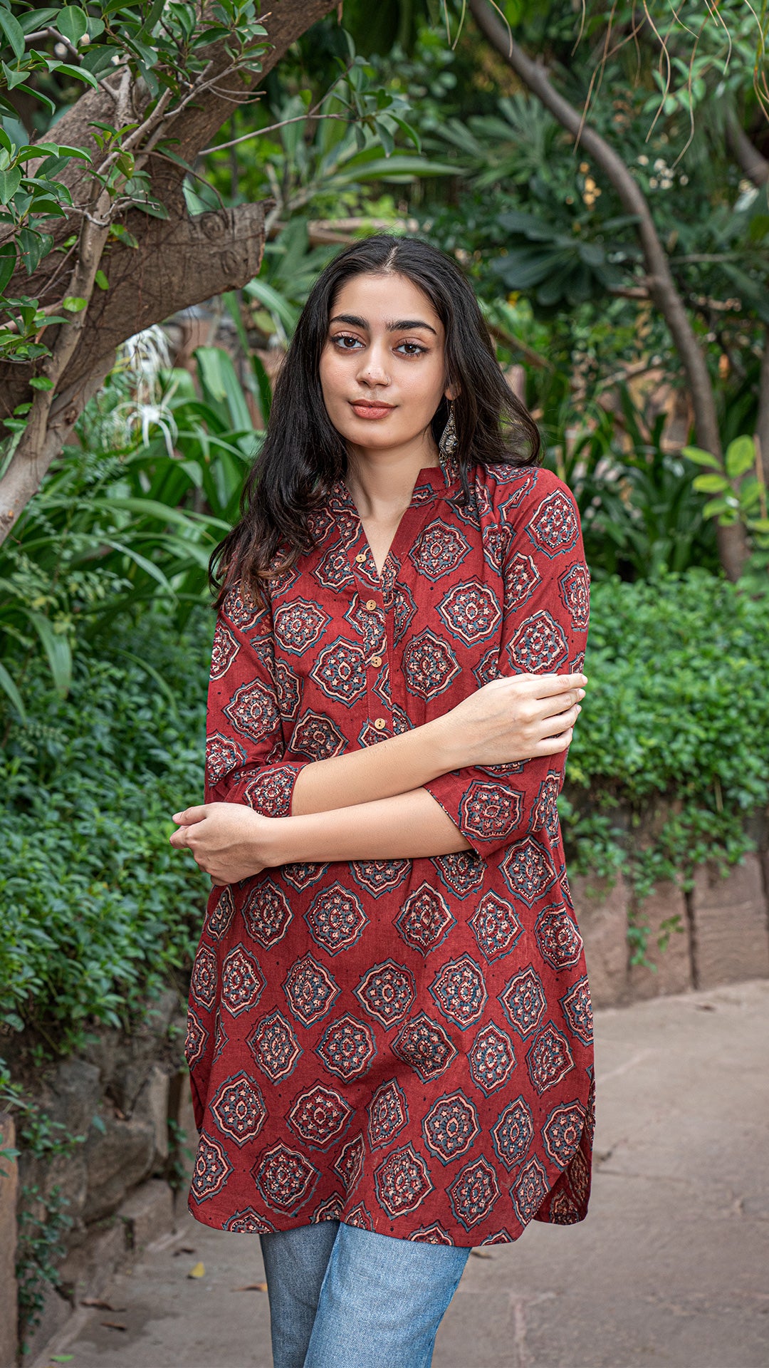 Shaleena Ajrakh Hand Block Print Cotton Short Top - Red