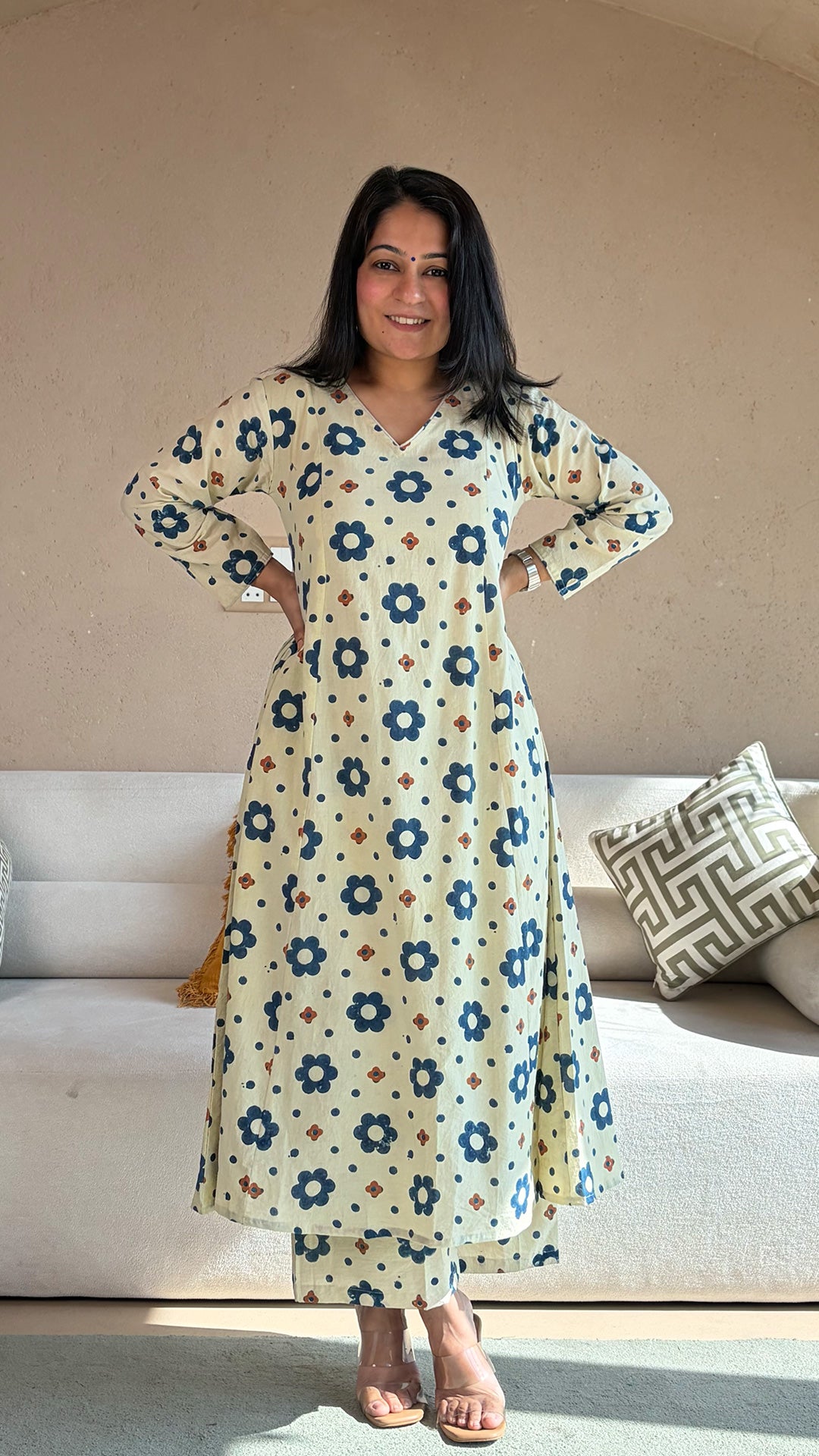 Eka Ajrakh Kali Kurta In Cotton - Ivory Floral
