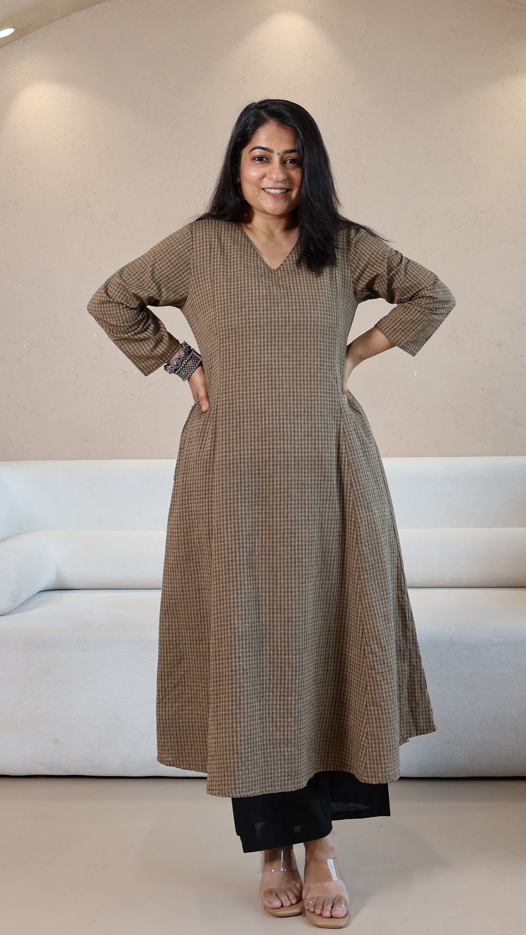 Brown Checkered Handwoven Cotton Kurta