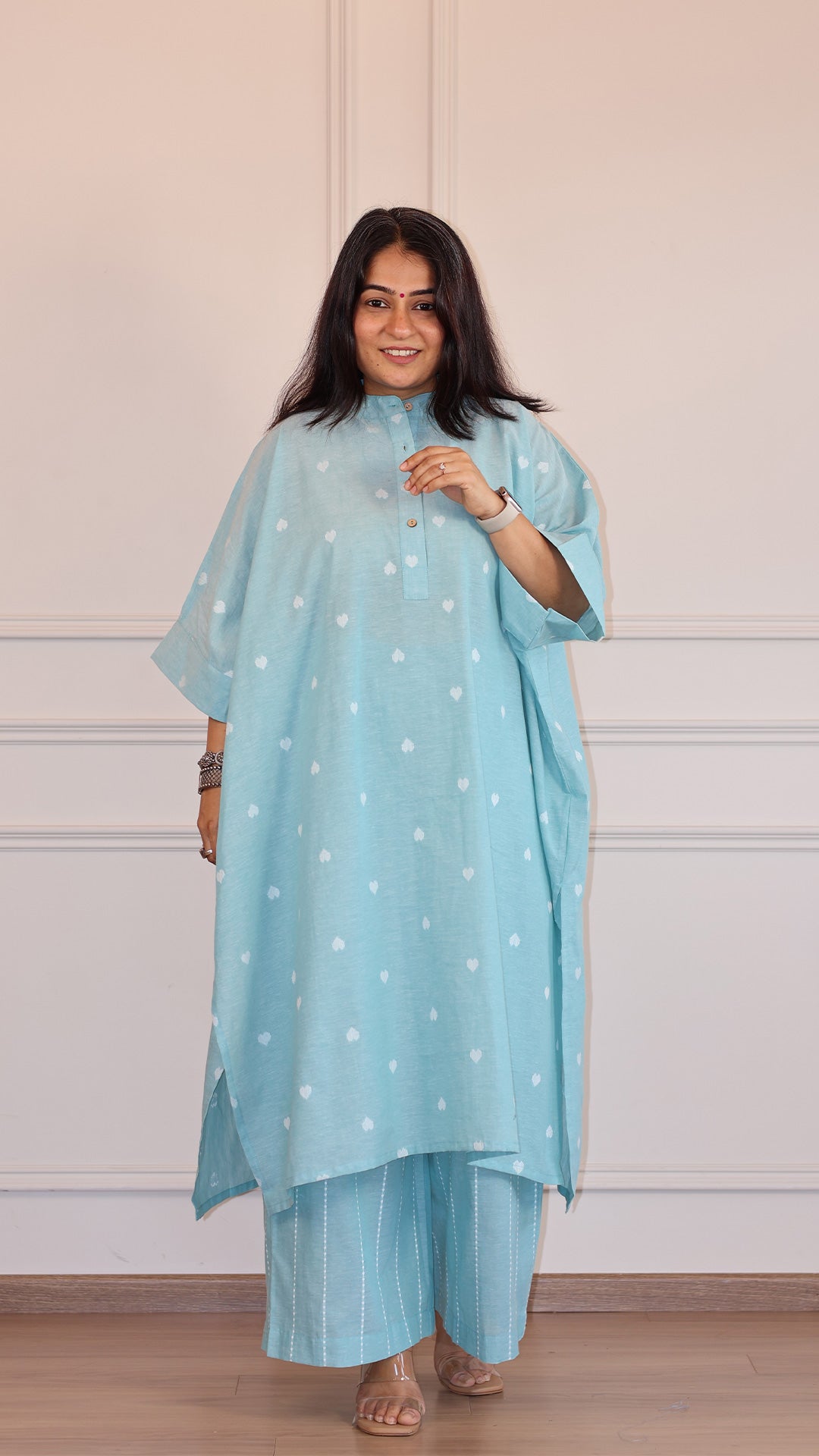 Hearts Handwoven Cotton Kaftan Co-ord - Turquoise