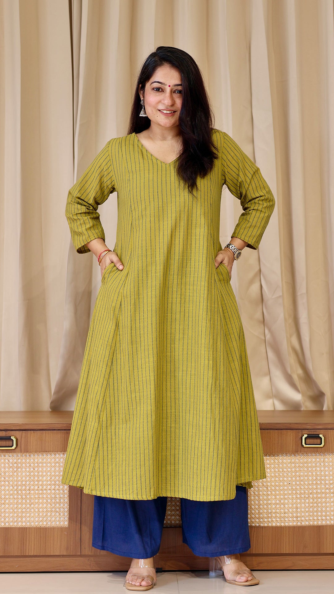 Lime Yellow Stripes Handwoven Cotton Kurta