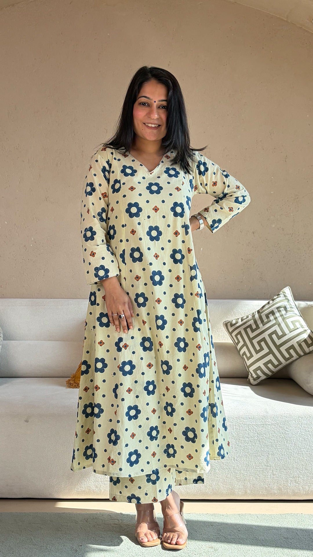 Eka Ajrakh Kali Kurta In Cotton - Ivory Floral