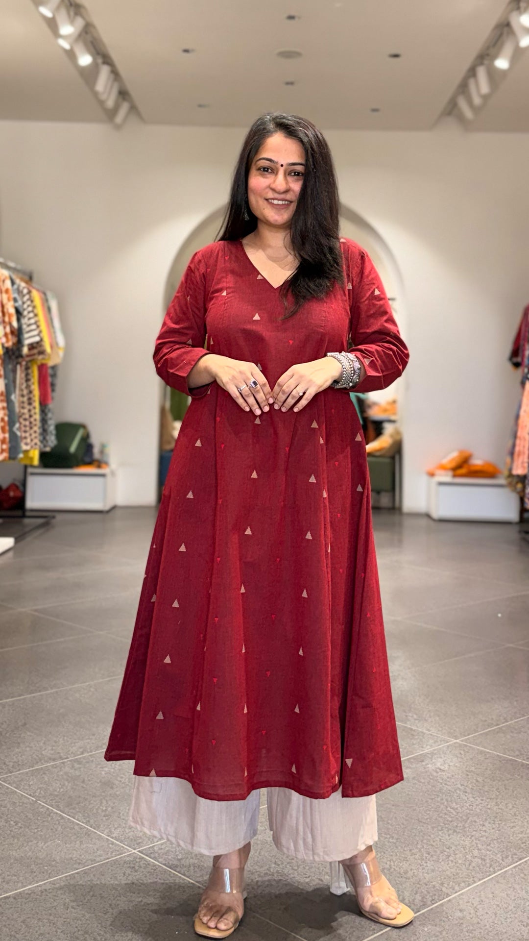 Tara Hand Woven Kali Kurta In Cotton - Maroon
