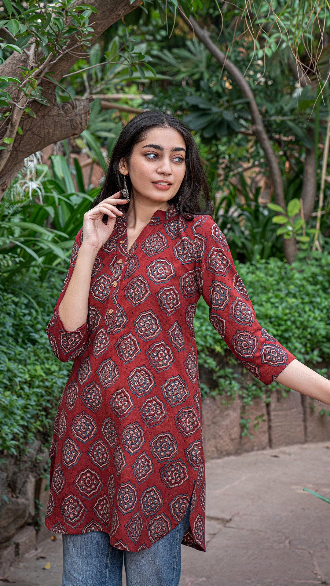 Shaleena Ajrakh Hand Block Print Cotton Short Top - Red