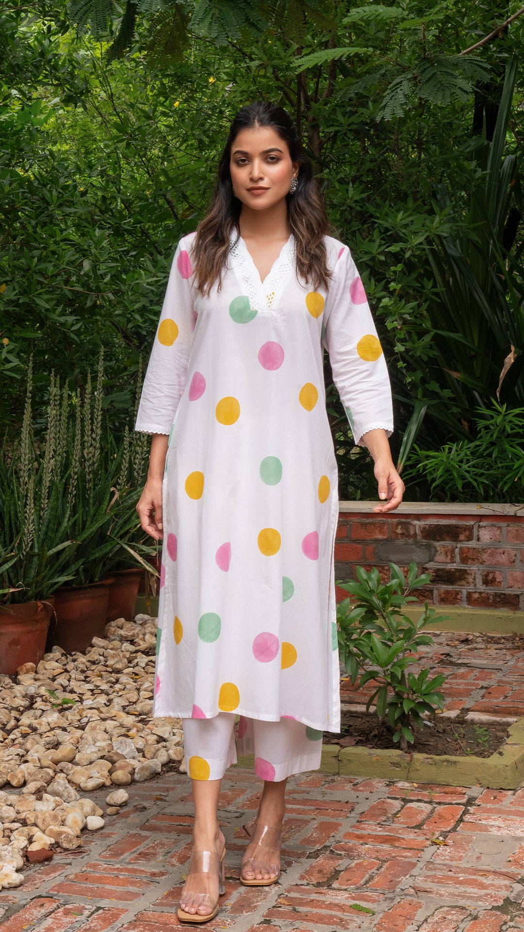 Multi Colour Polka Dots In White Hand Block Cotton Kurta