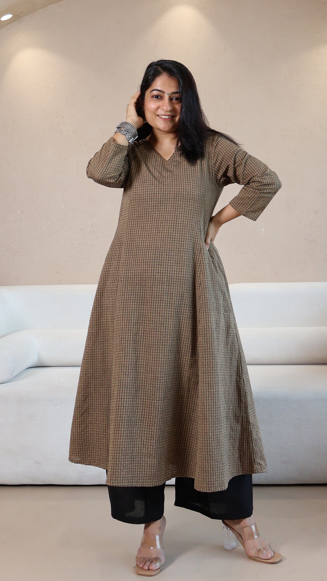 Brown Checkered Handwoven Cotton Kurta