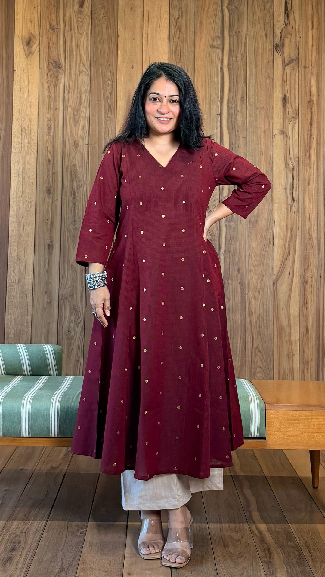 Aasma Handwoven Golden Zari Butti Cotton Kurta - Maroon