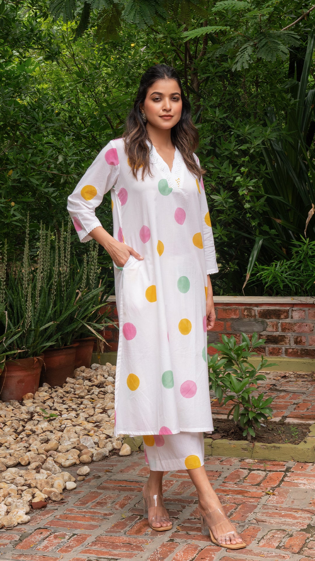 Multi Colour Polka Dots In White Hand Block Cotton Kurta