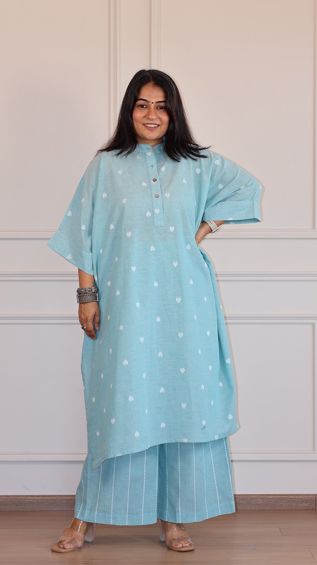 Hearts Handwoven Cotton Kaftan Co-ord - Turquoise