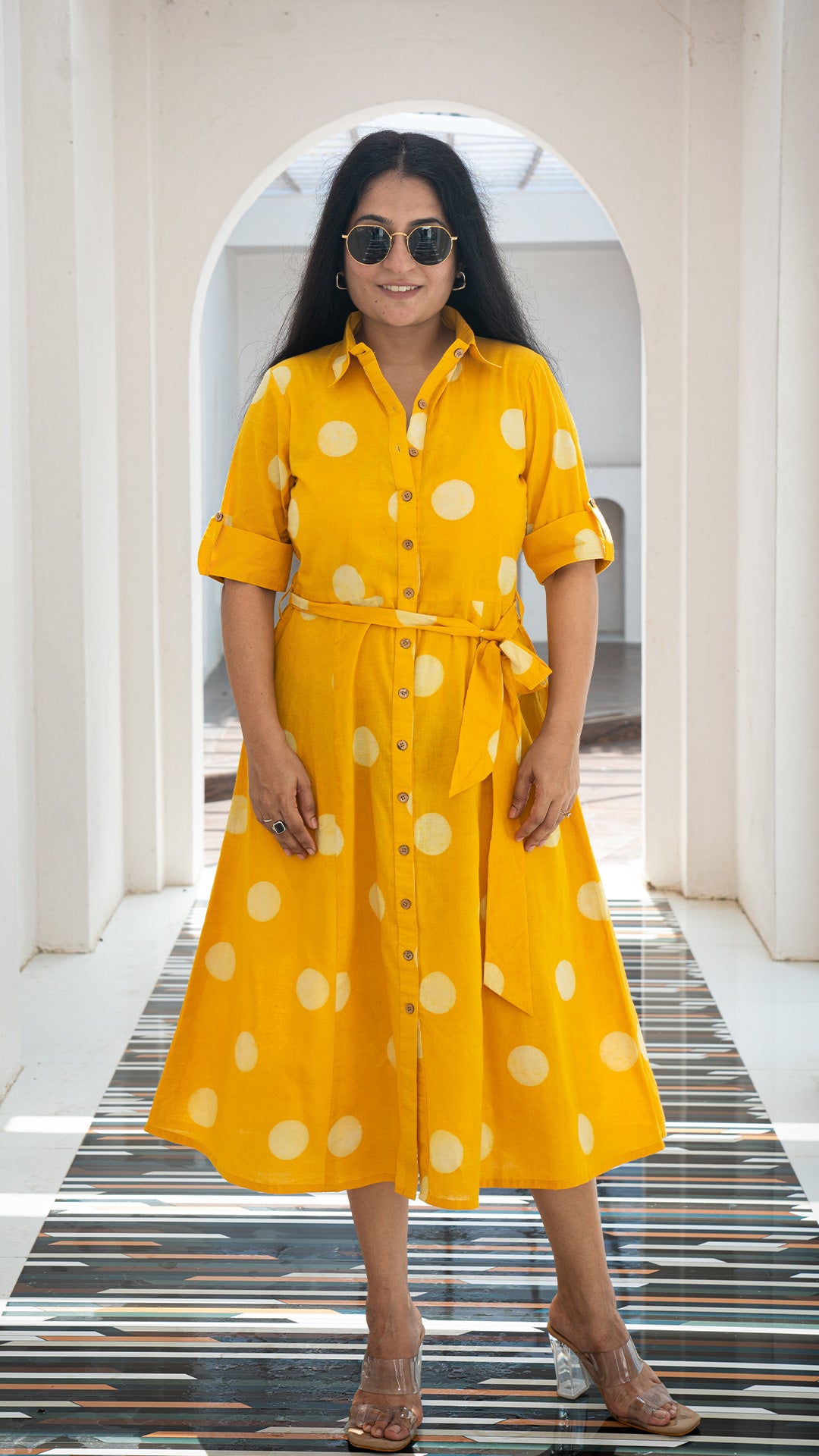 Anjum Polka Dots Hand Block Cotton Shirt Dress - Yellow