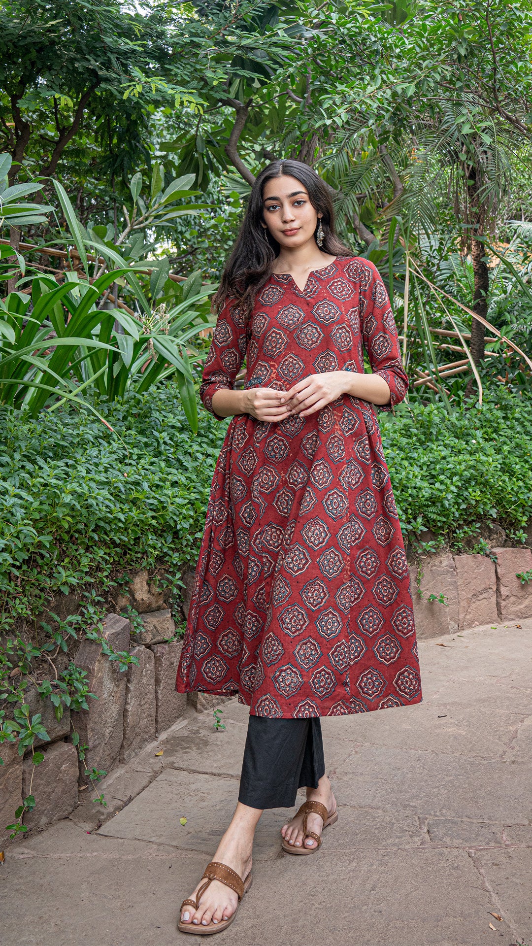 Mehal Ajrakh Block Print A Line Kurta - Red