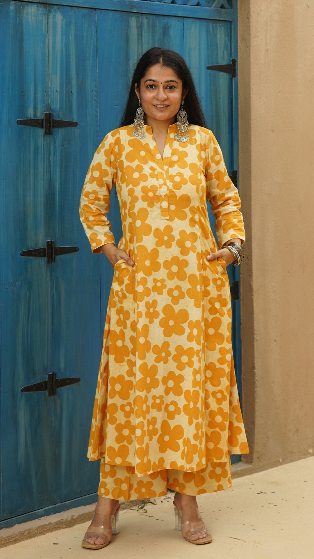 Kosha - Yellow Floral Kali Kurta In Cotton