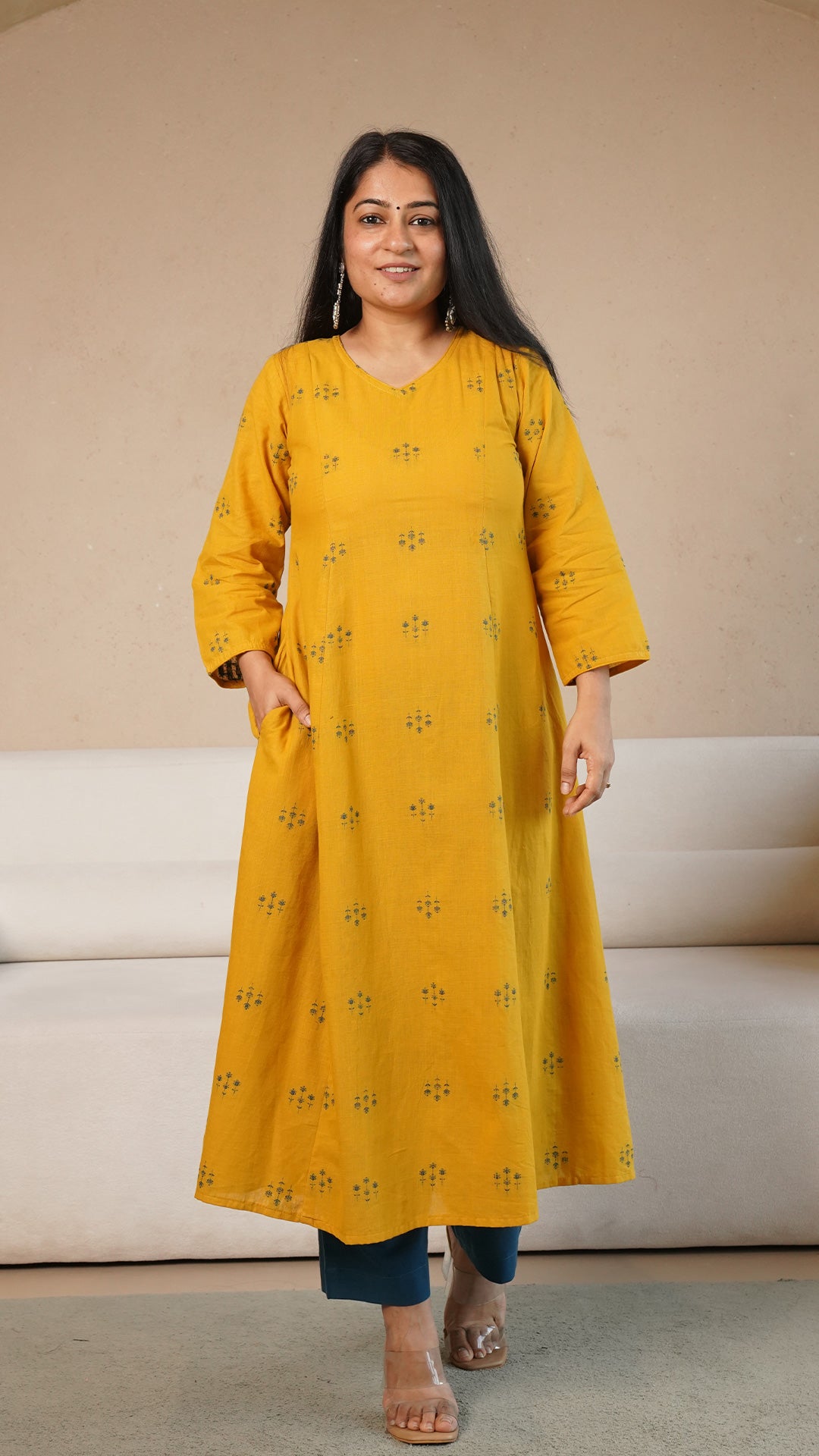 Ruhani Hand Woven Kali Cotton Kurta - Yellow