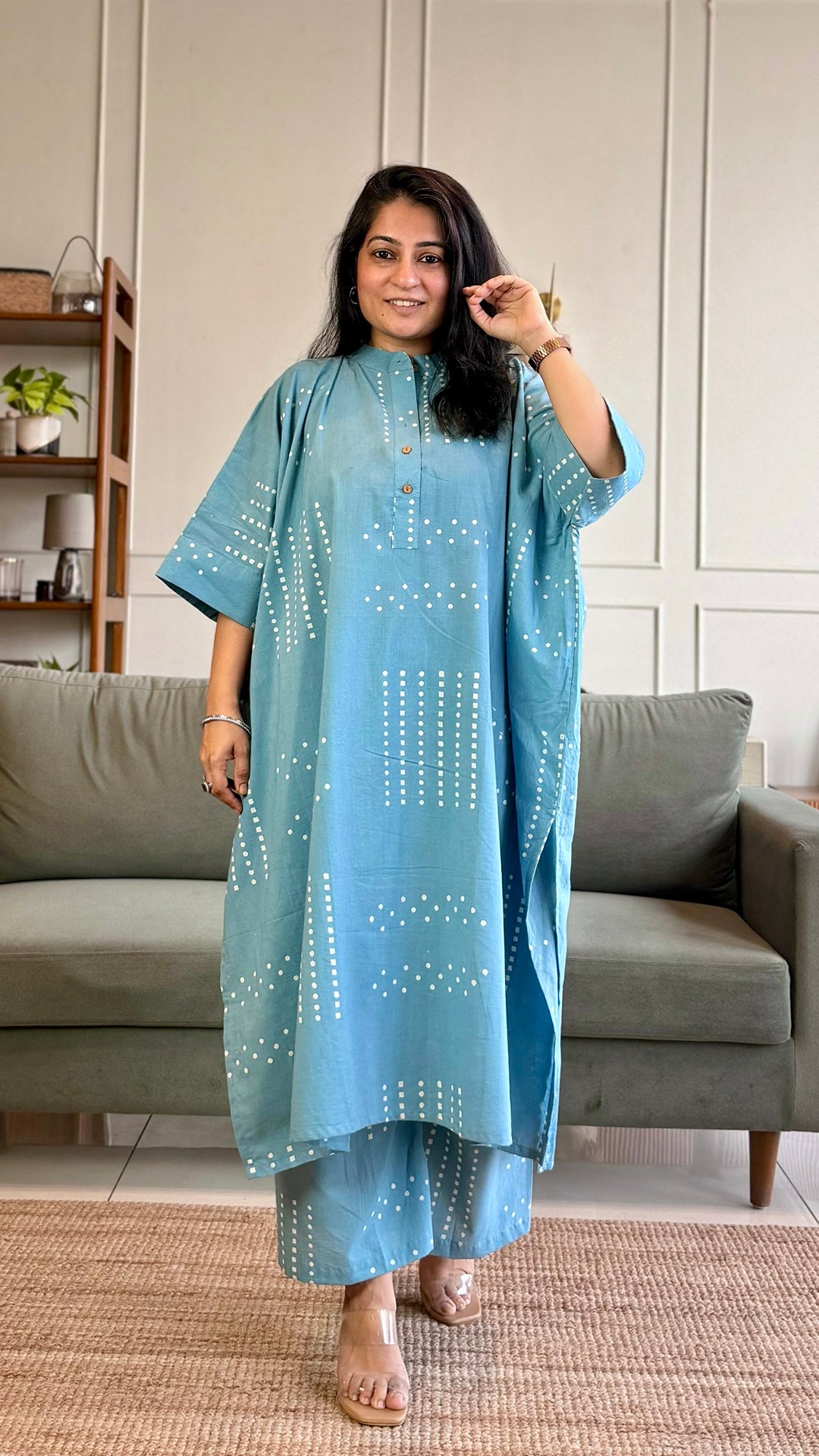 Aarvi Kaftan Co-ord In Cotton - Sky Blue
