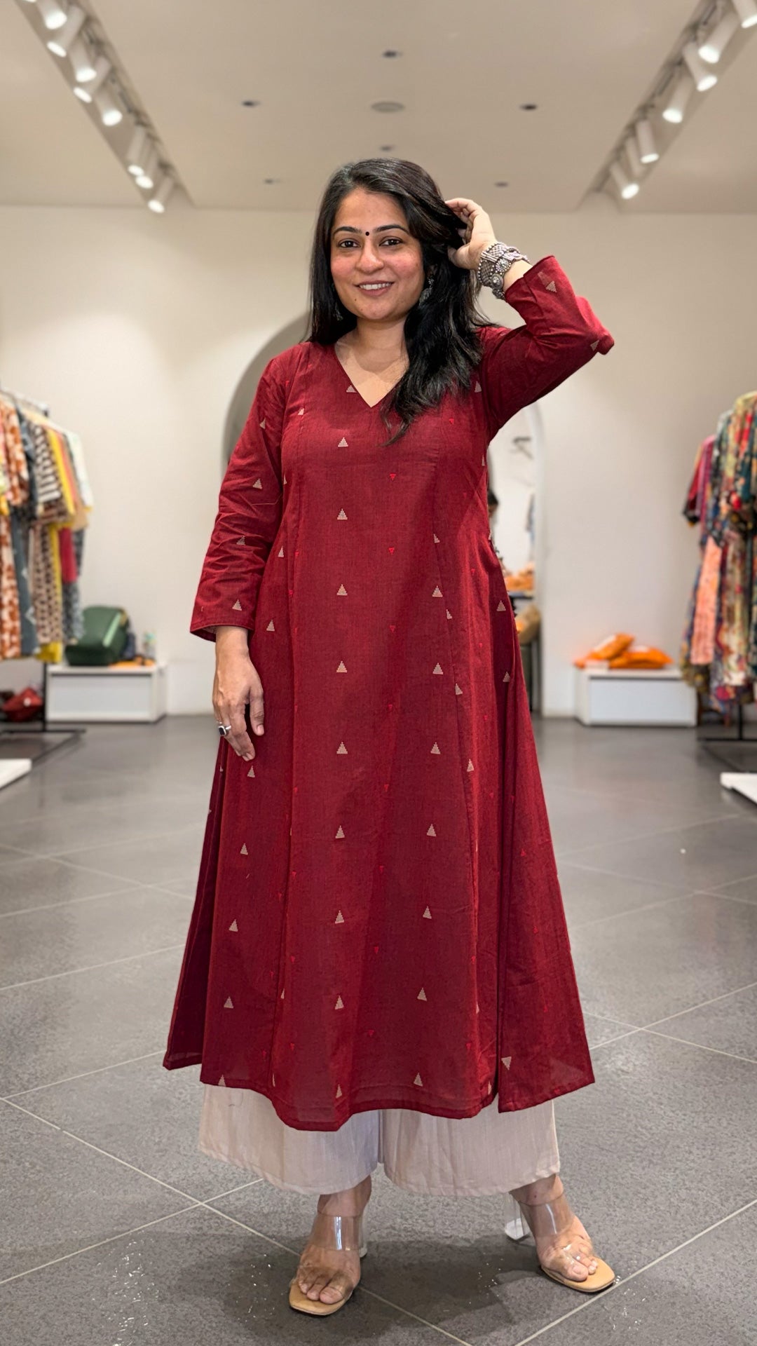 Tara Hand Woven Kali Kurta In Cotton - Maroon