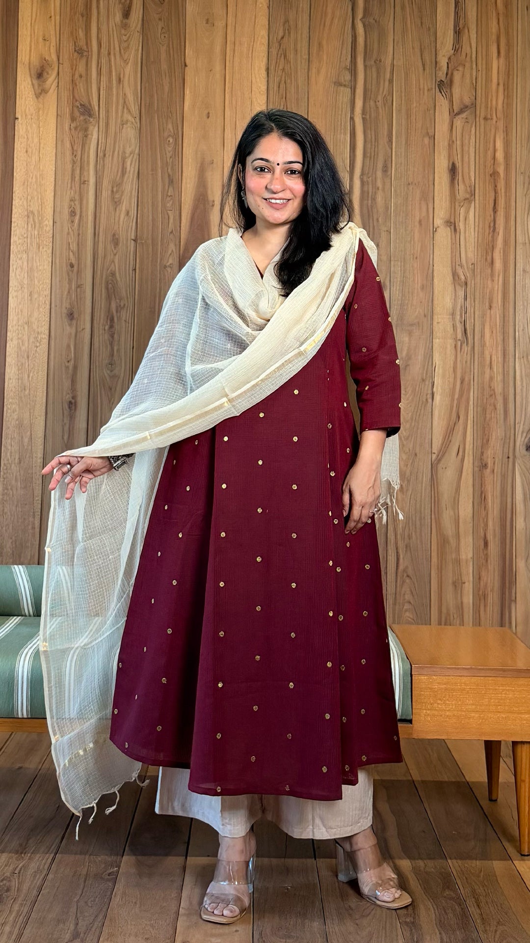 Aasma Handwoven Golden Zari Butti Cotton Kurta - Maroon