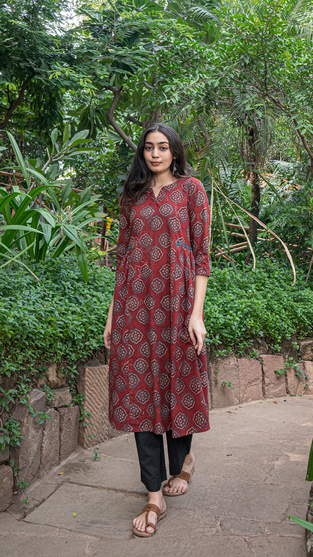 Mehal Ajrakh Block Print A Line Kurta - Red