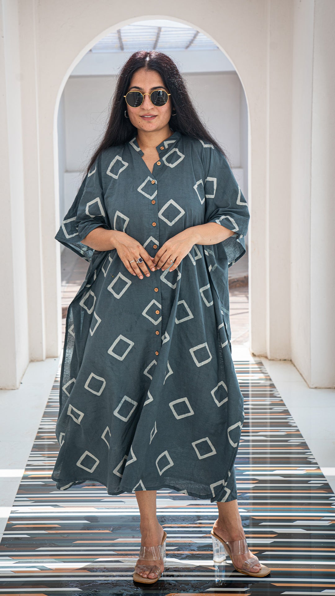 Grey Geometric Print Cotton Kaftan