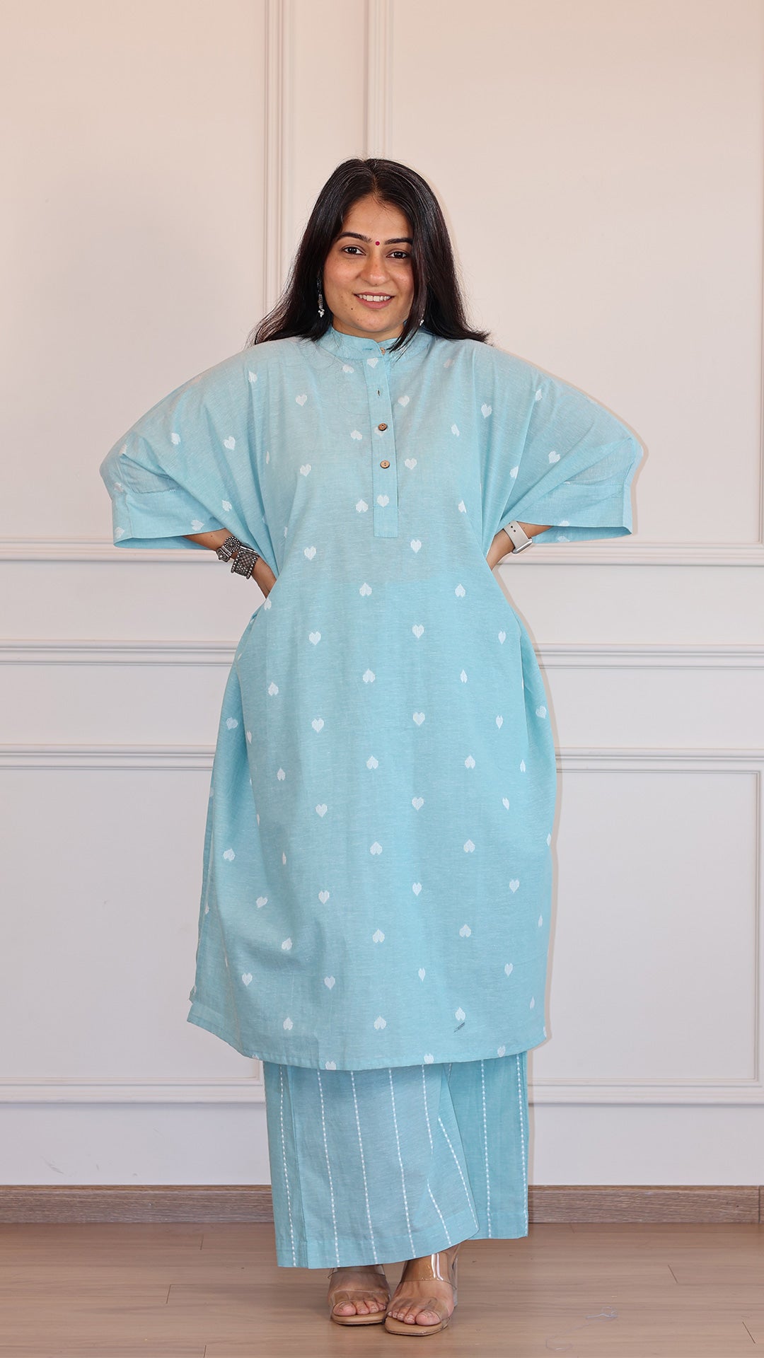 Hearts Handwoven Cotton Kaftan Co-ord - Turquoise