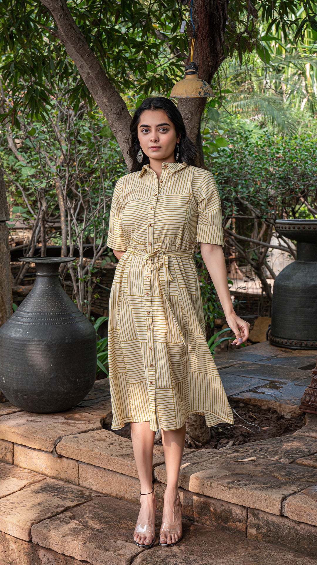 Aarshi Bagru Hand Block Cotton Shirt Dress - Mustard Stripes