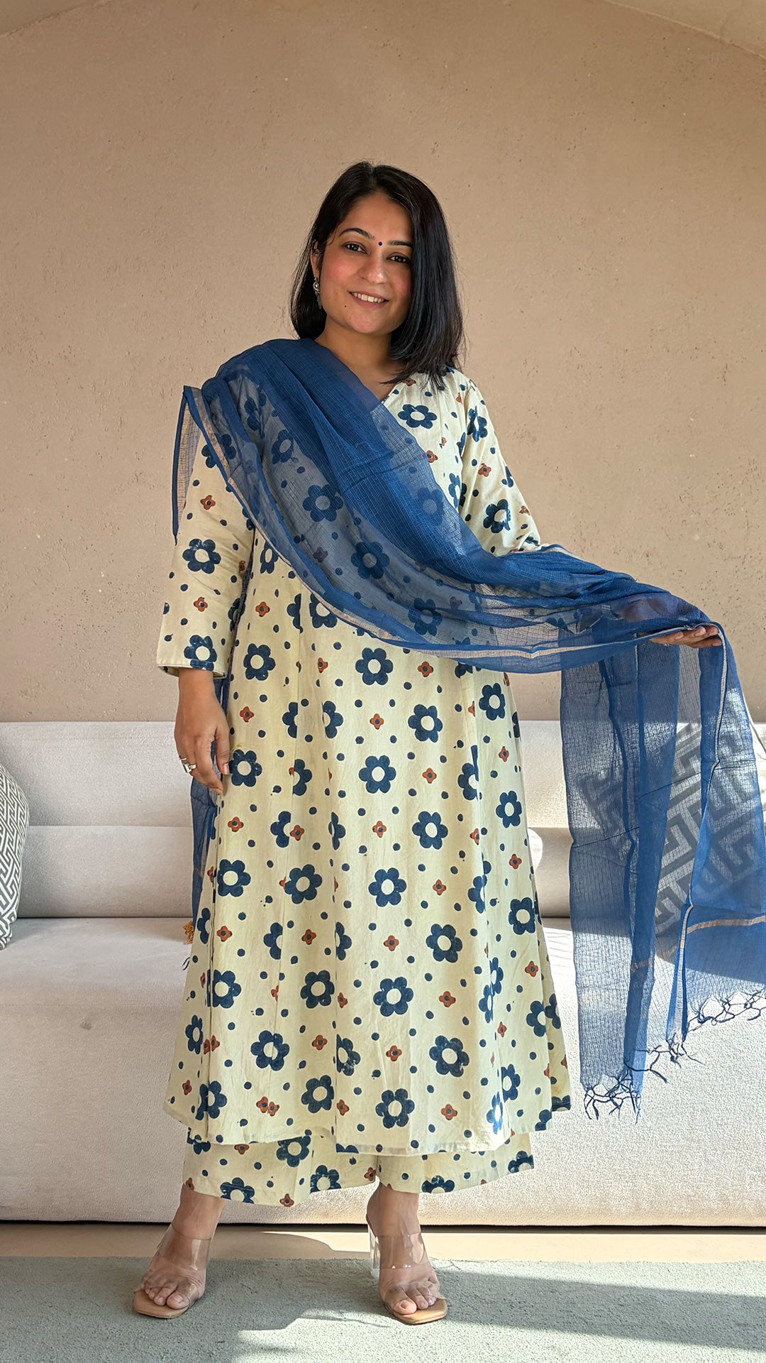 Eka Ajrakh Kali Kurta In Cotton - Ivory Floral
