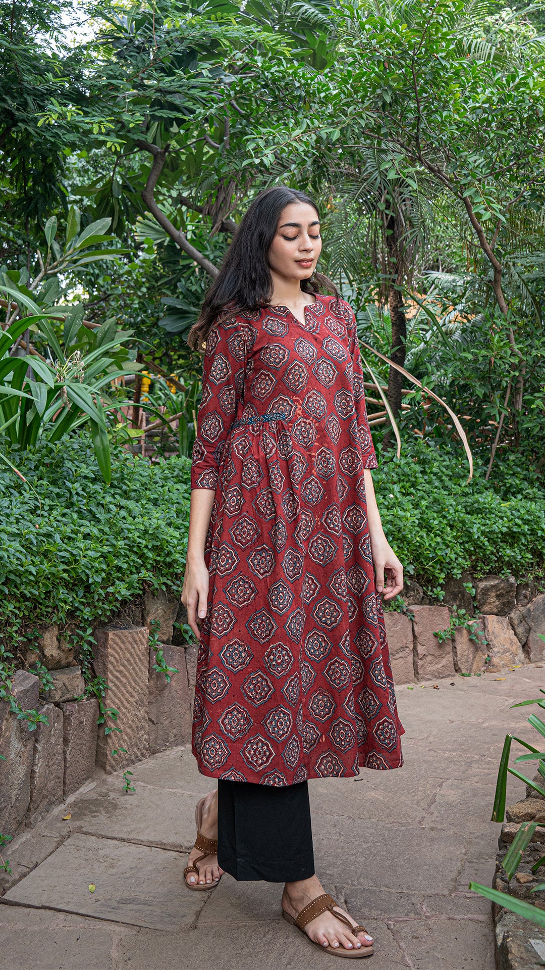 Mehal Ajrakh Block Print A Line Kurta - Red