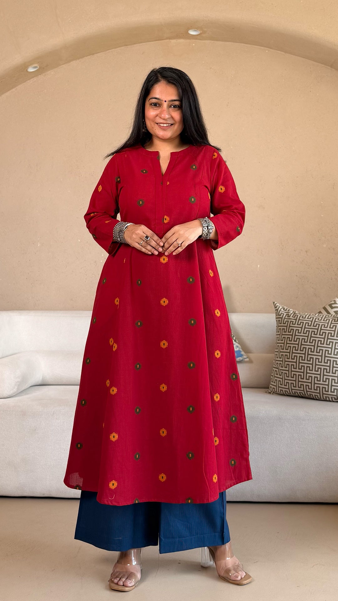 Spiti Handwoven Cotton Kurta- Red/Blue