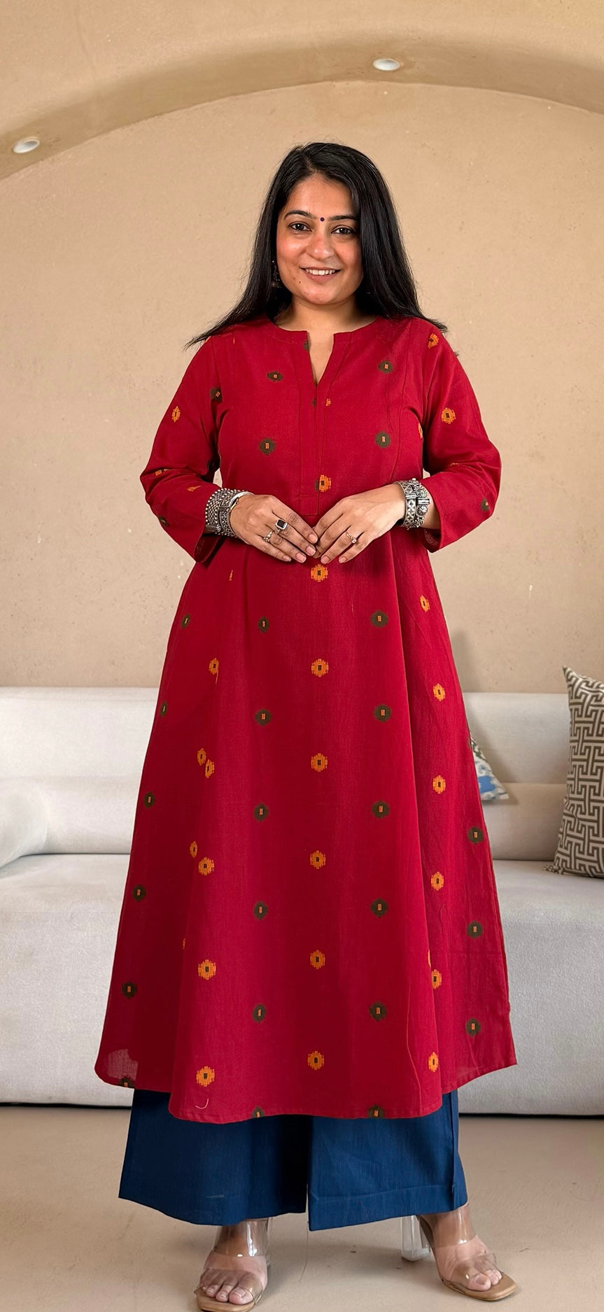 Spiti Handwoven Cotton Kurta- Red/Blue