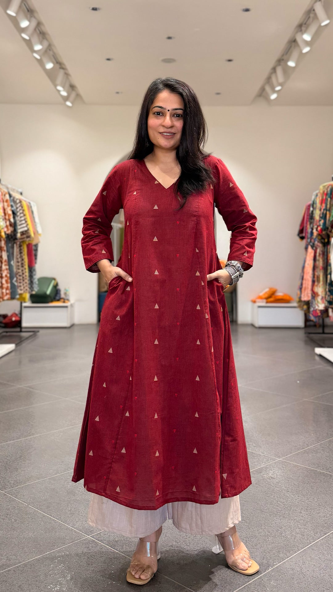 Tara Hand Woven Kali Kurta In Cotton - Maroon
