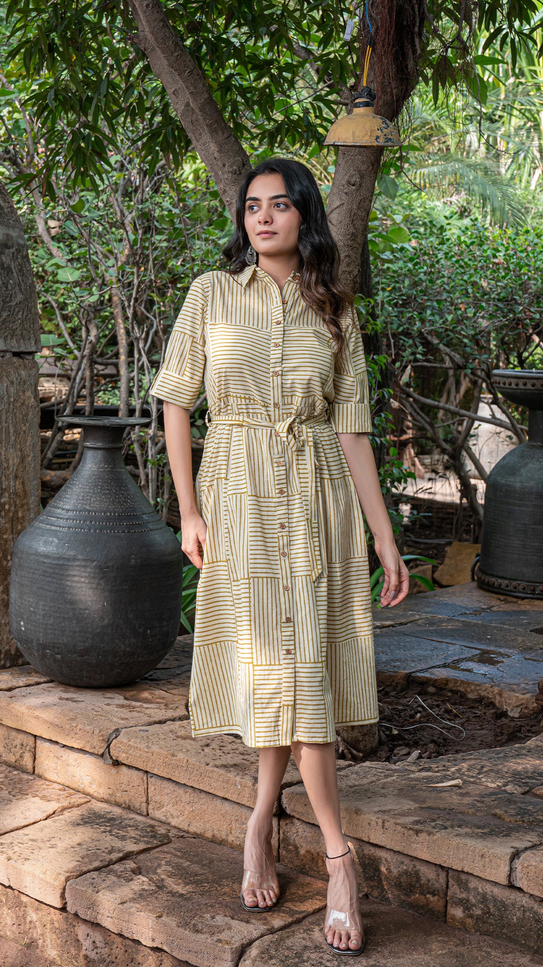 Aarshi Bagru Hand Block Cotton Shirt Dress - Mustard Stripes