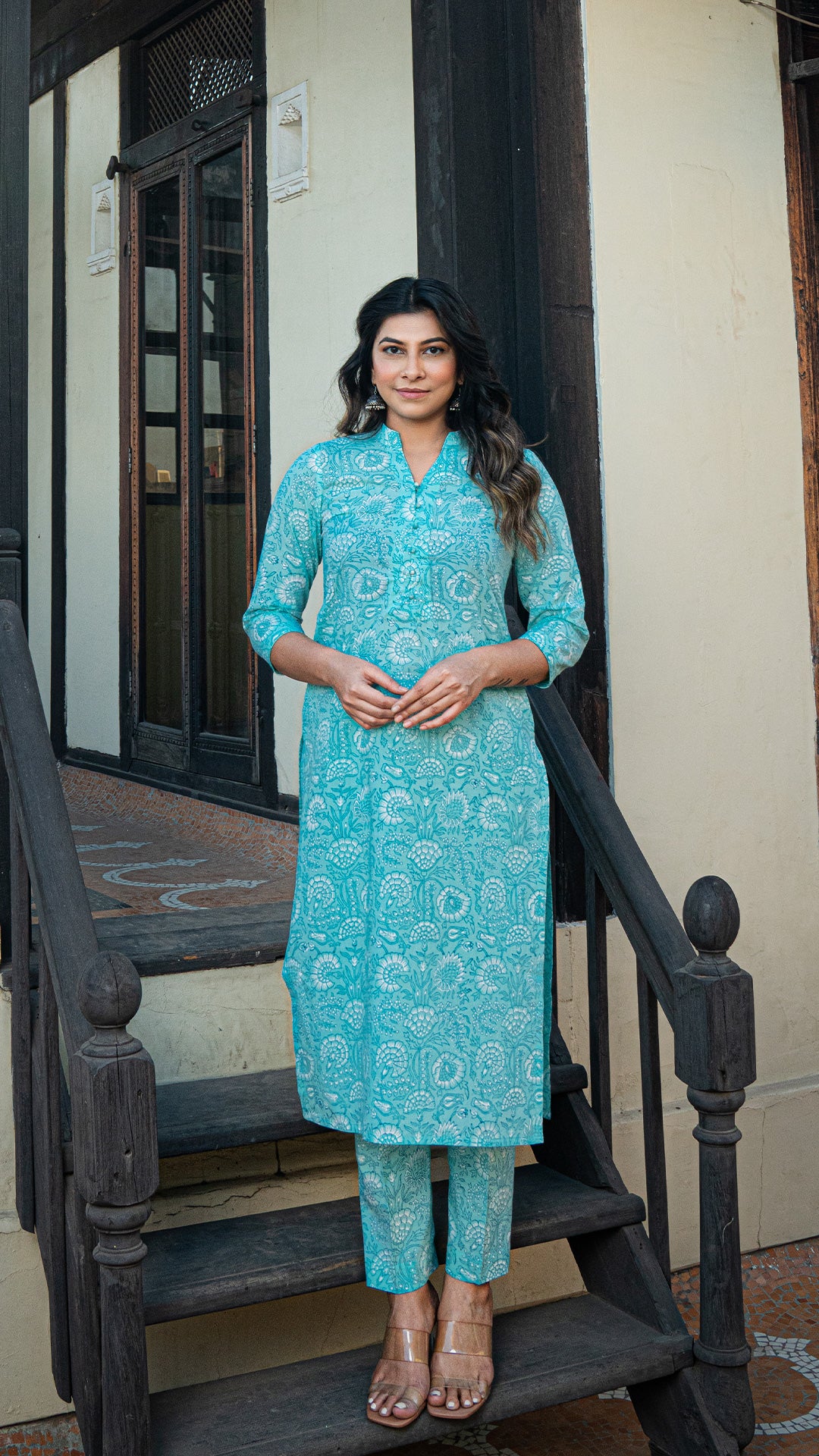 Brinda Sanganeri Hand Block Kurta - Pastel Turquoise