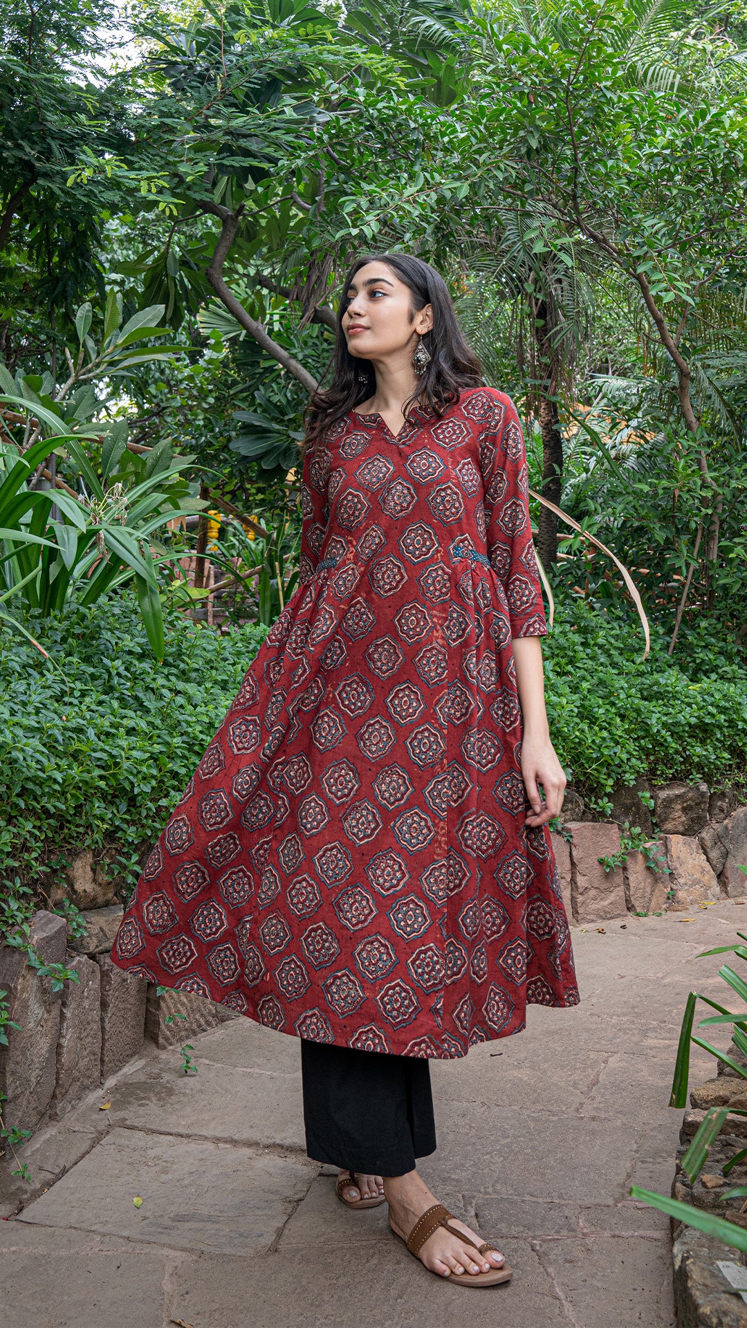 Mehal Ajrakh Block Print A Line Kurta - Red