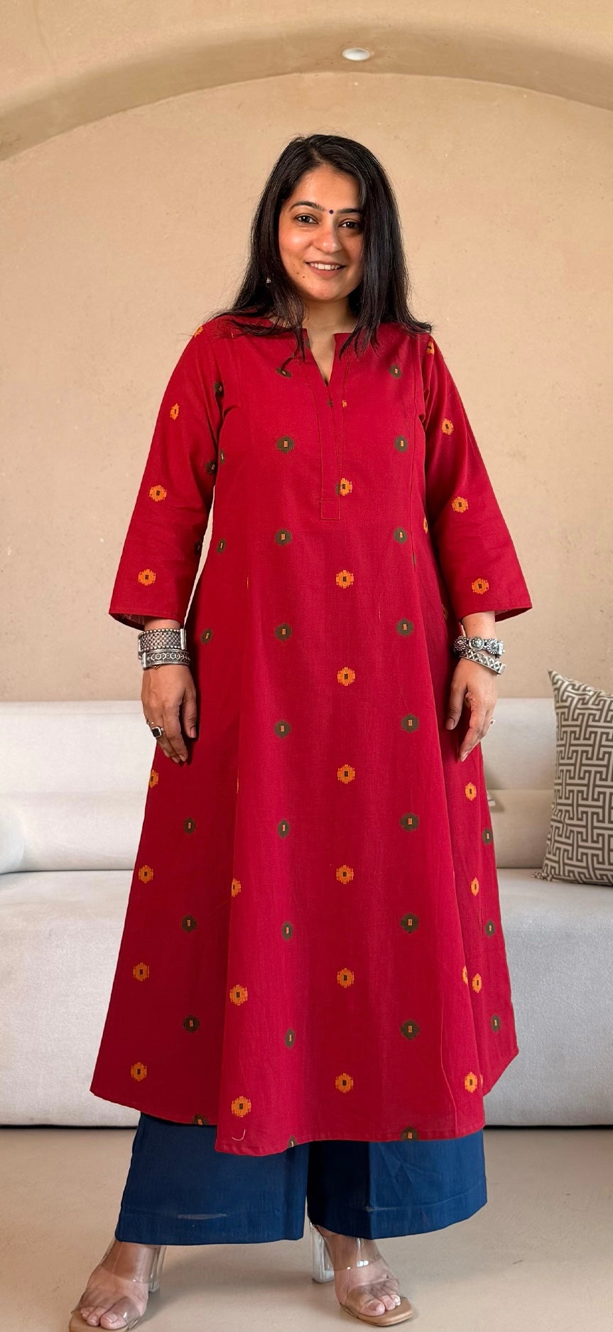 Spiti Handwoven Cotton Kurta- Red/Blue