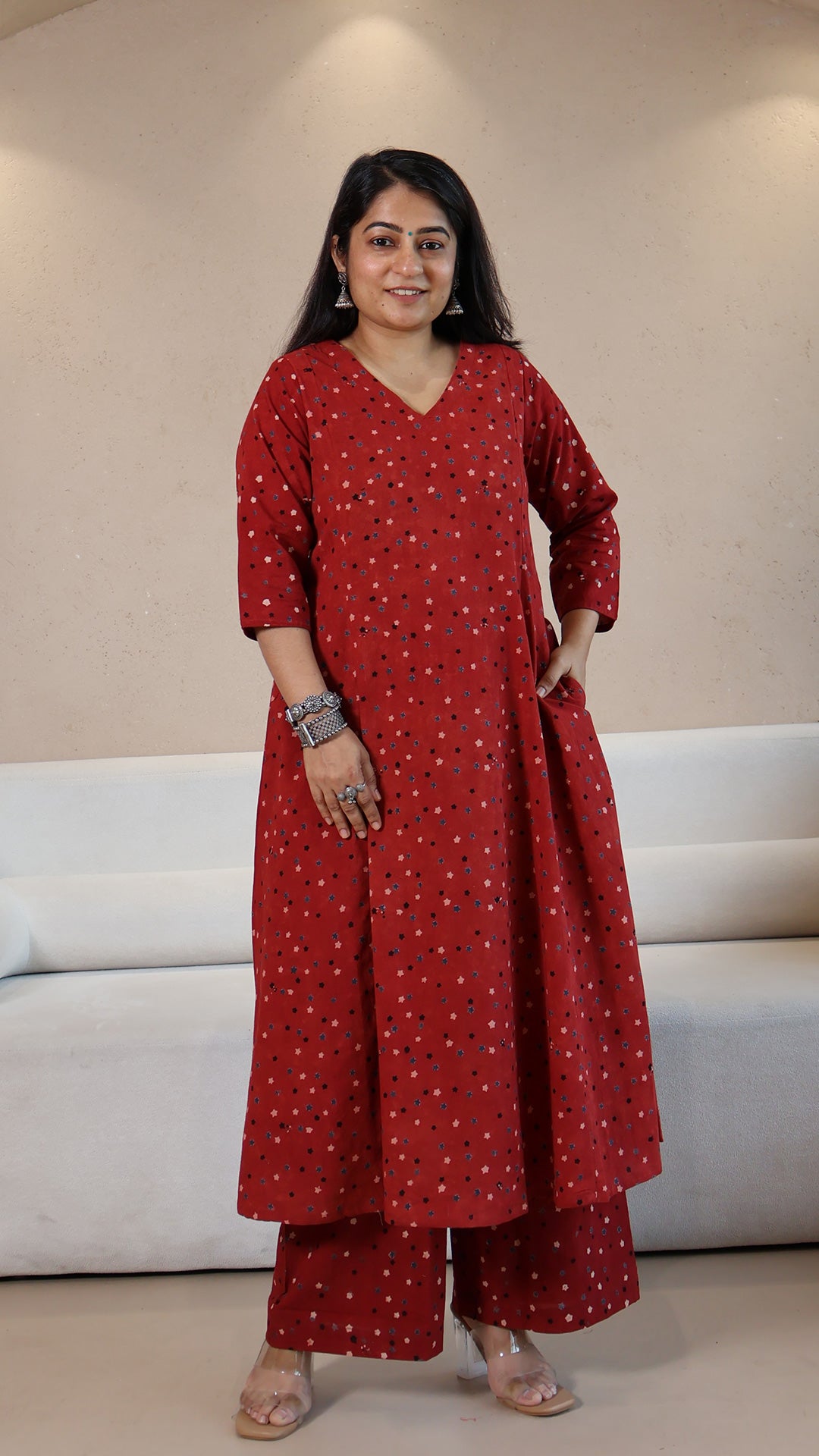 Red Stars Ajrakh Cotton Hand Block Kurta