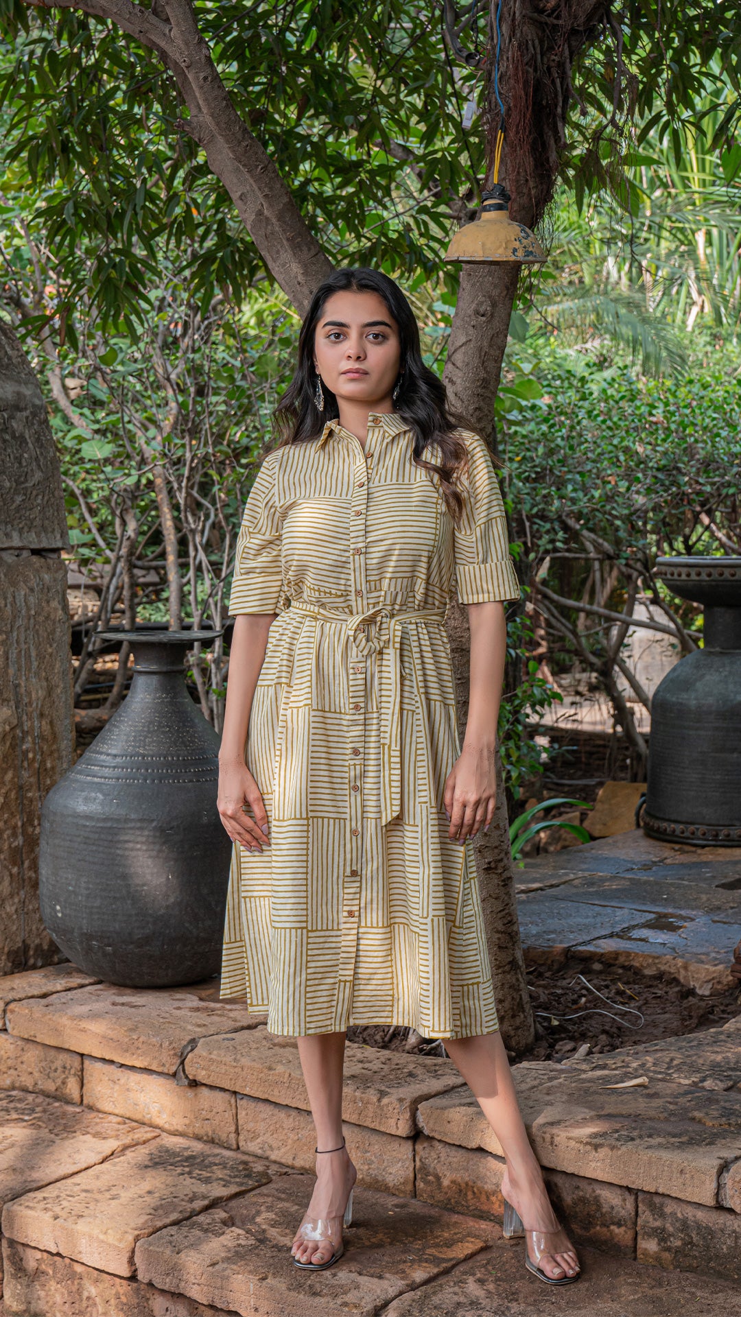 Aarshi Bagru Hand Block Cotton Shirt Dress - Mustard Stripes