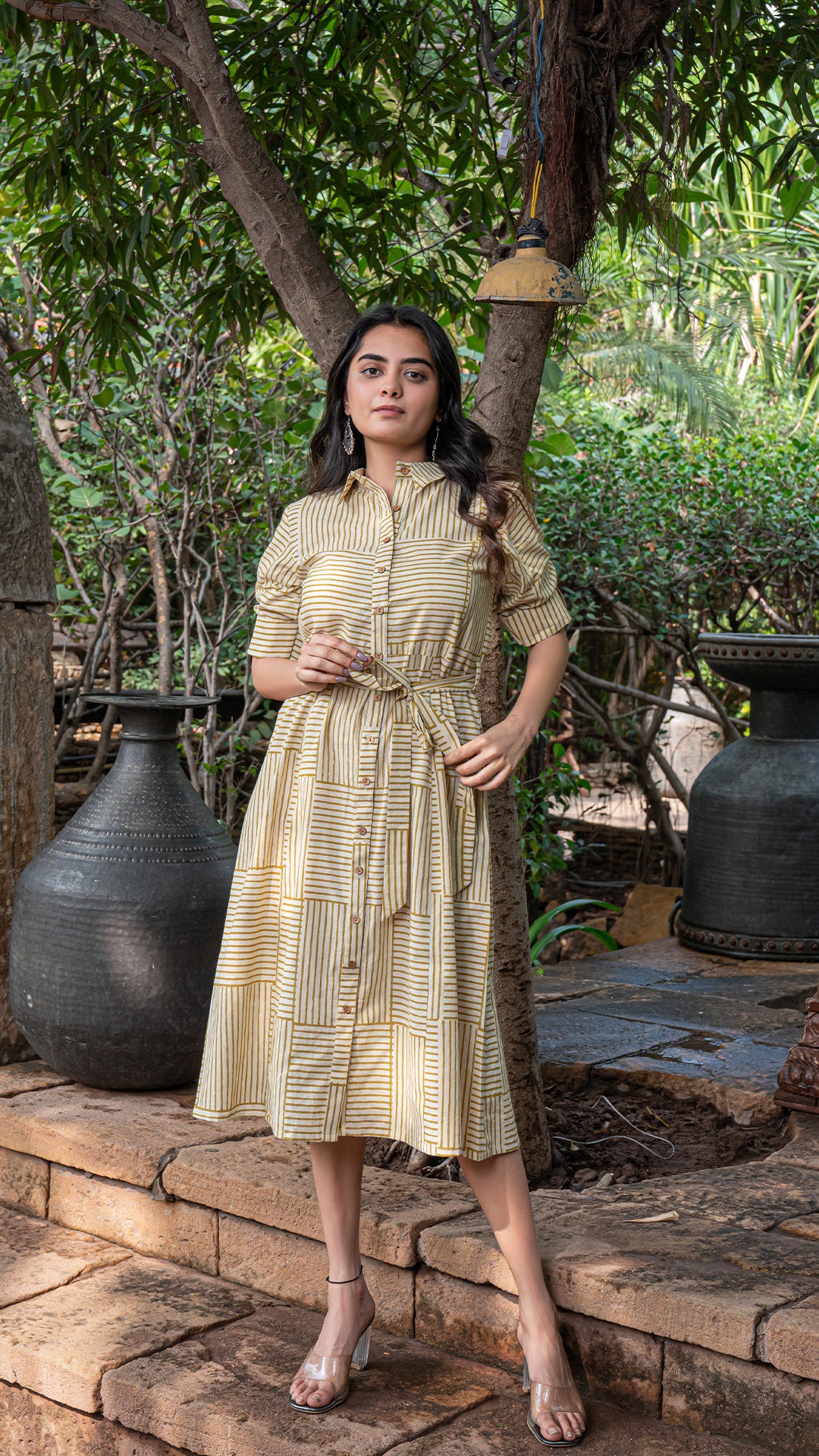 Aarshi Bagru Hand Block Cotton Shirt Dress - Mustard Stripes