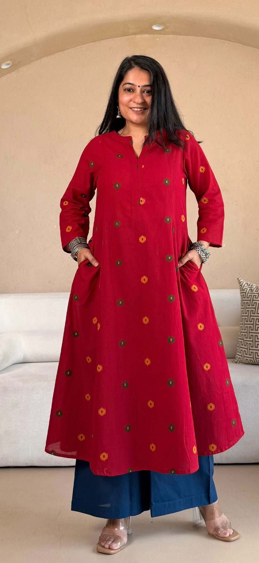 Spiti Handwoven Cotton Kurta- Red/Blue